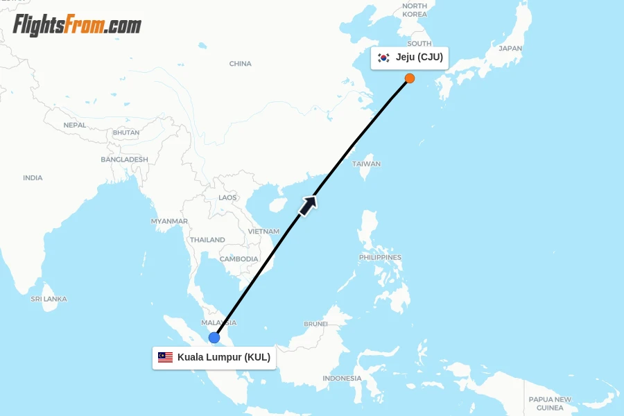Flights from Kuala Lumpur to Jeju route map