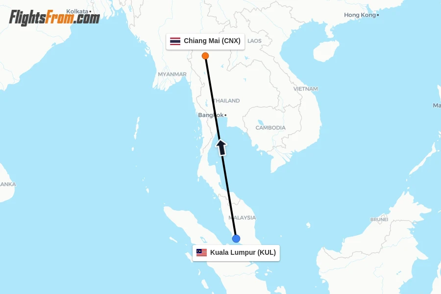 Flights from Kuala Lumpur to Chiang Mai route map