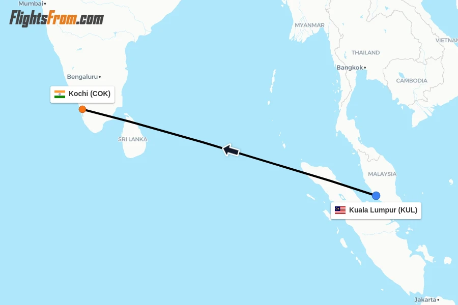 Flights from Kuala Lumpur to Kochi route map
