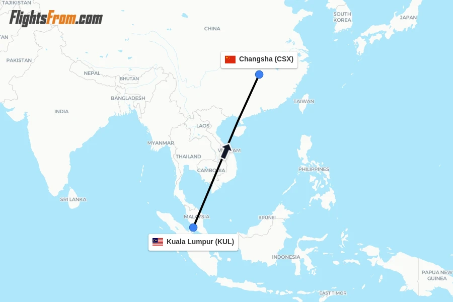 Flights from Kuala Lumpur to Changsha route map