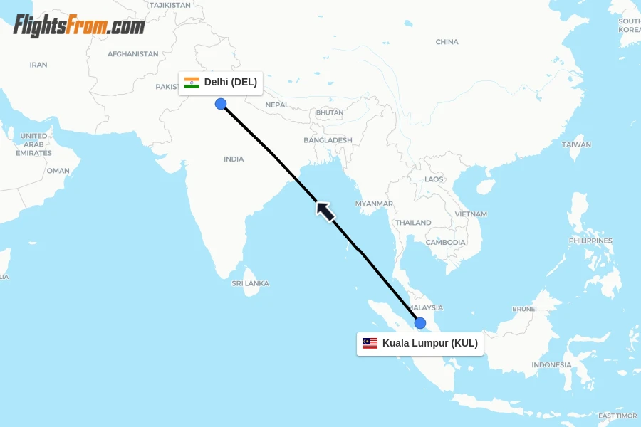 Flights from Kuala Lumpur to Delhi route map