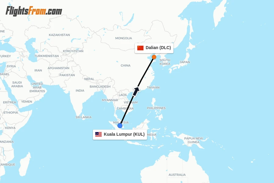 Flights from Kuala Lumpur to Dalian route map