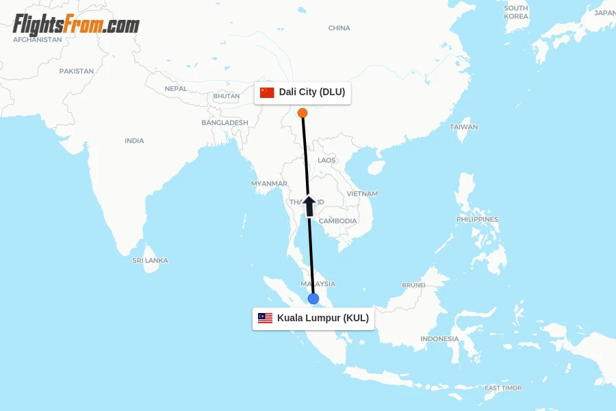 Flights from Kuala Lumpur to Dali City route map