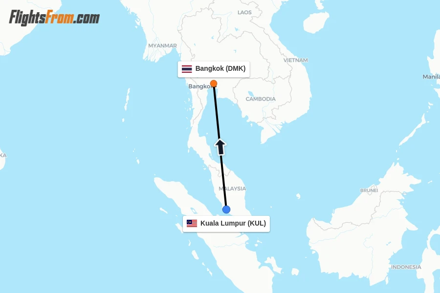 Flights from Kuala Lumpur to Bangkok route map
