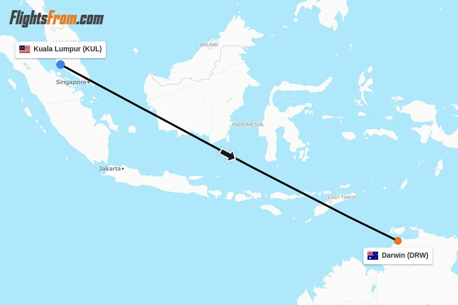 Flights from Kuala Lumpur to Darwin route map
