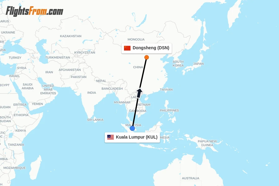 Flights from Kuala Lumpur to Dongsheng route map