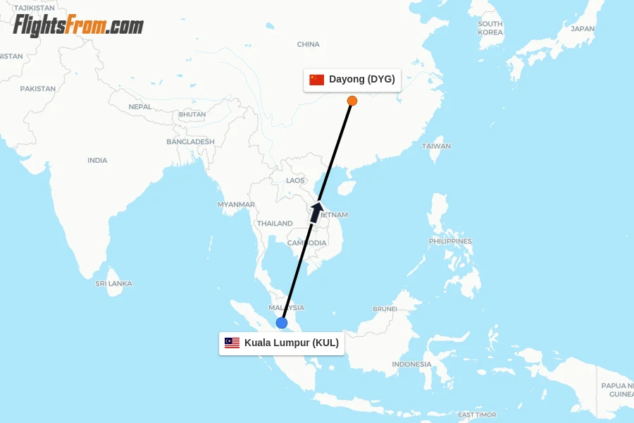 Flights from Kuala Lumpur to Dayong route map