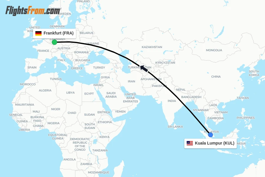 Flights from Kuala Lumpur to Frankfurt route map
