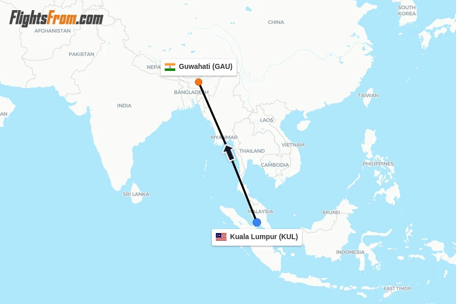 Flights from Kuala Lumpur to Guwahati route map