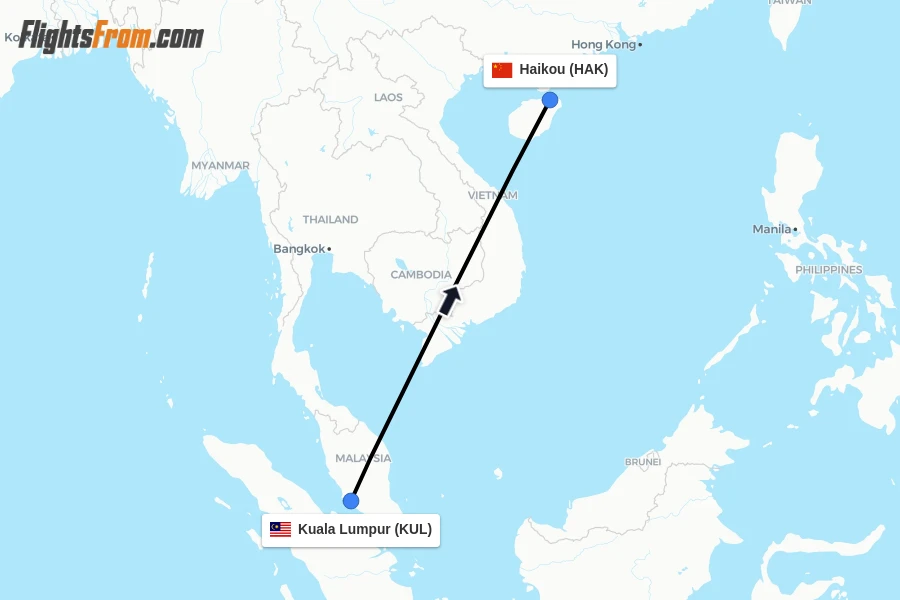Flights from Kuala Lumpur to Haikou route map