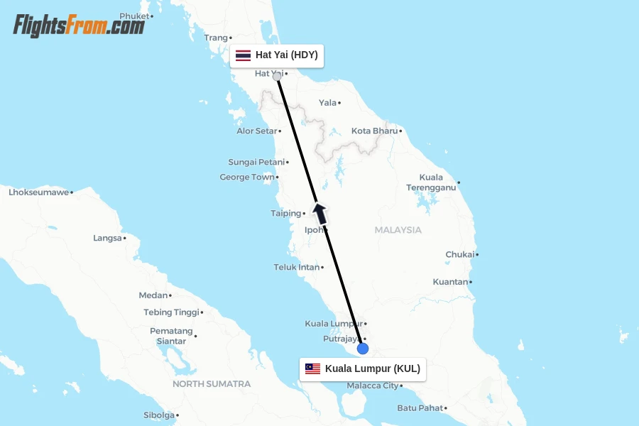 Flights from Kuala Lumpur to Hat Yai route map