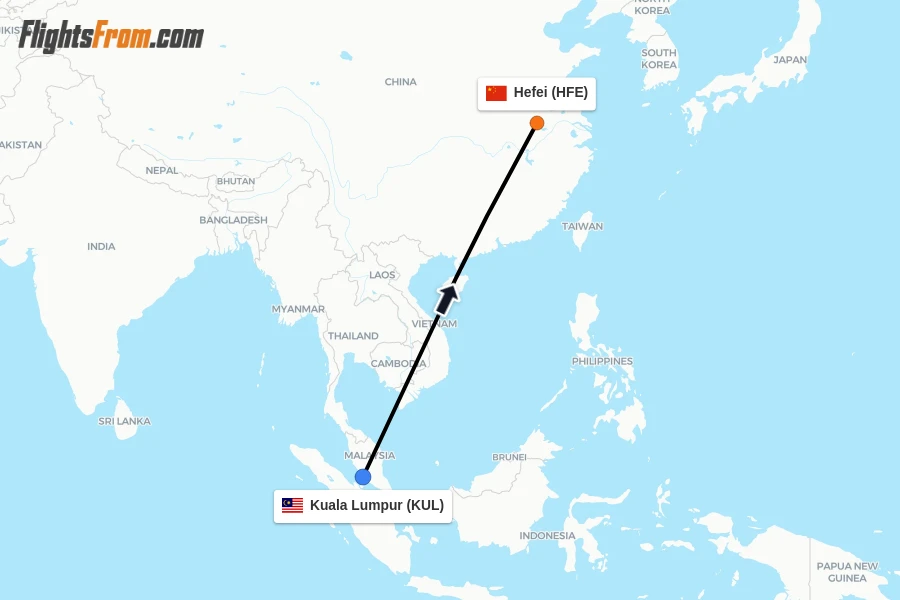 Flights from Kuala Lumpur to Hefei route map