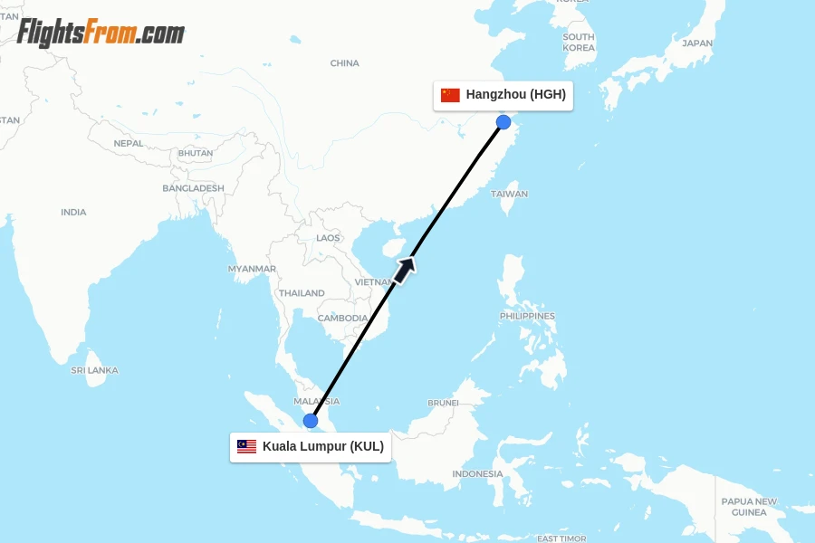 Flights from Kuala Lumpur to Hangzhou route map