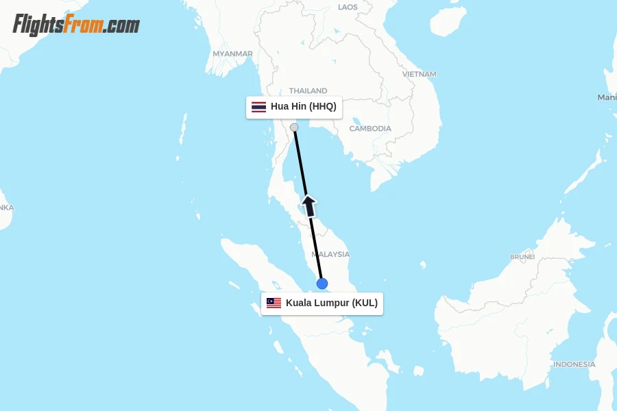 Flights from Kuala Lumpur to Hua Hin route map