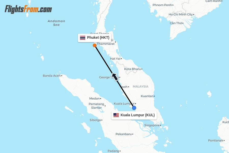 Flights from Kuala Lumpur to Phuket route map
