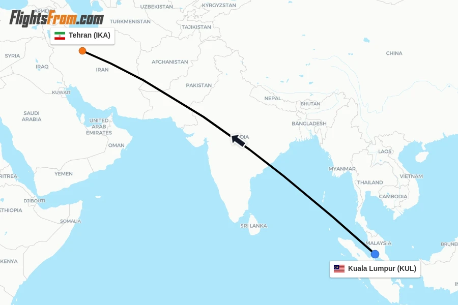 Flights from Kuala Lumpur to Tehran route map