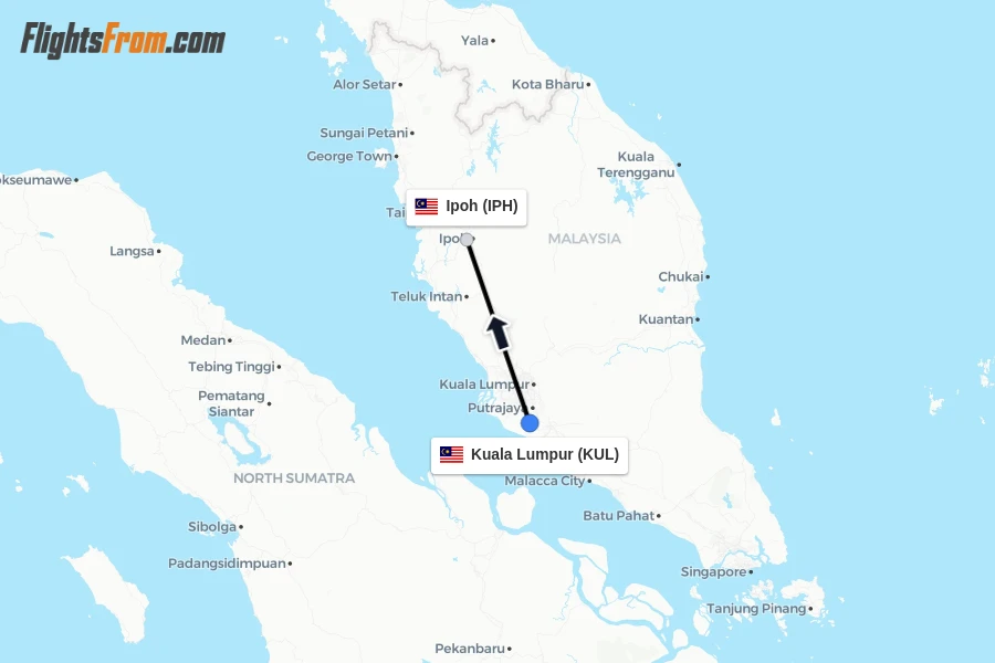 Flights from Kuala Lumpur to Ipoh route map