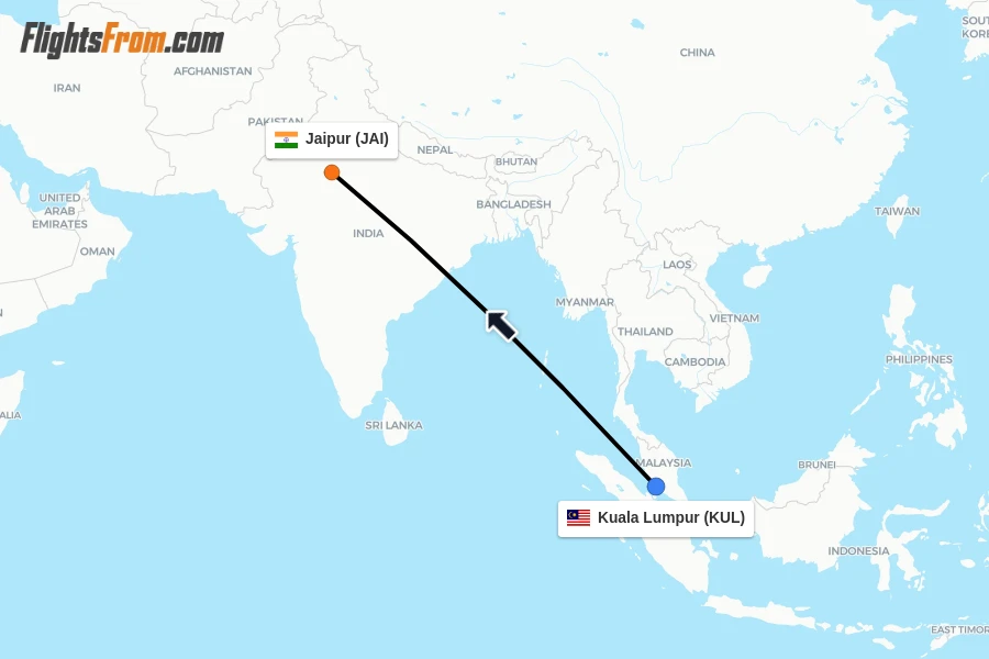 Flights from Kuala Lumpur to Jaipur route map