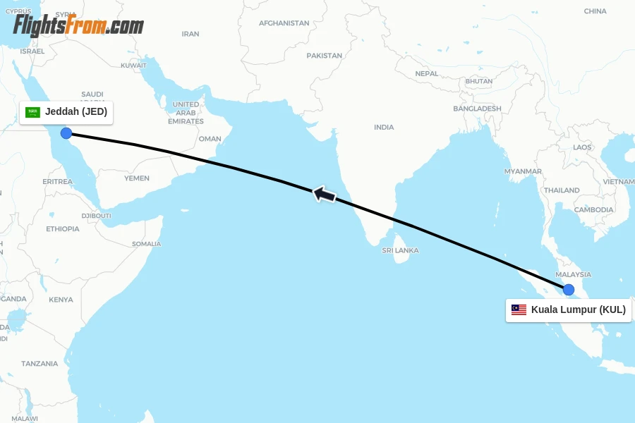Flights from Kuala Lumpur to Jeddah route map