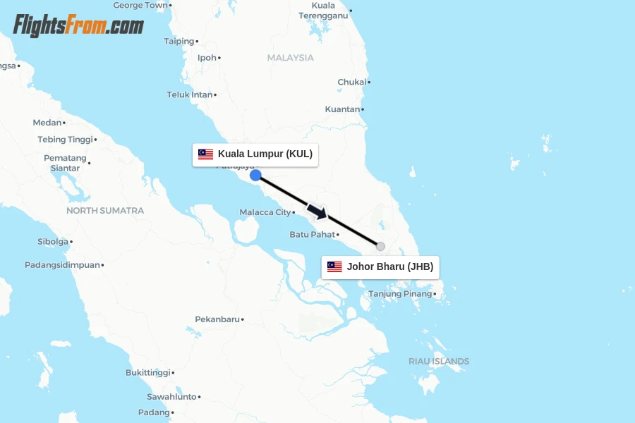 Flights from Kuala Lumpur to Johor Bharu route map