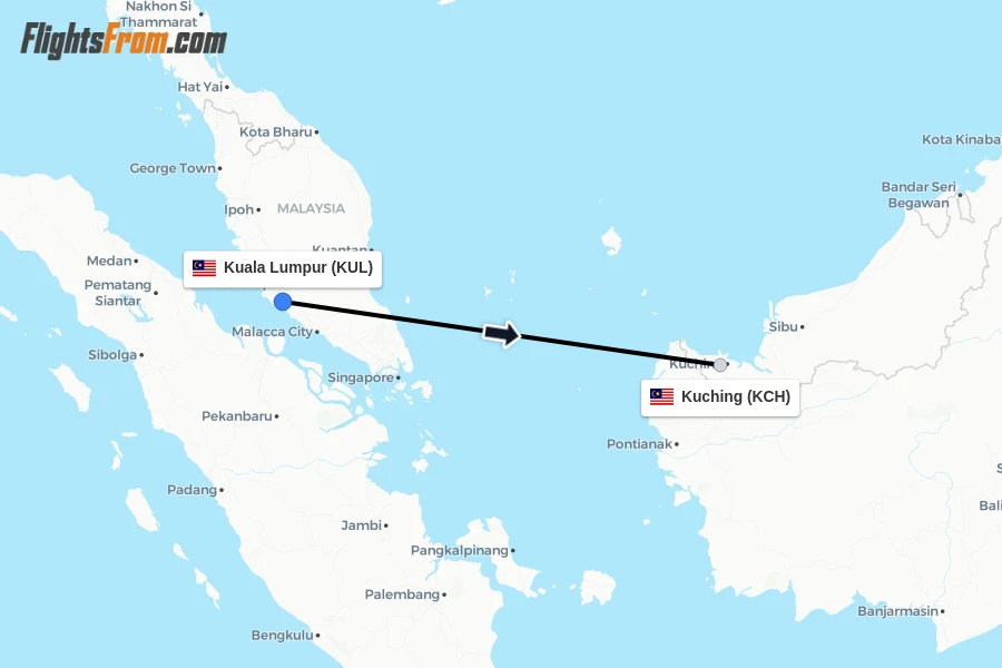 Flights from Kuala Lumpur to Kuching route map