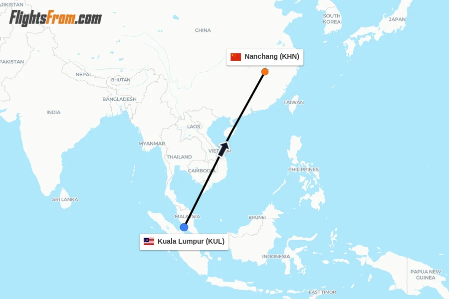 Flights from Kuala Lumpur to Nanchang route map