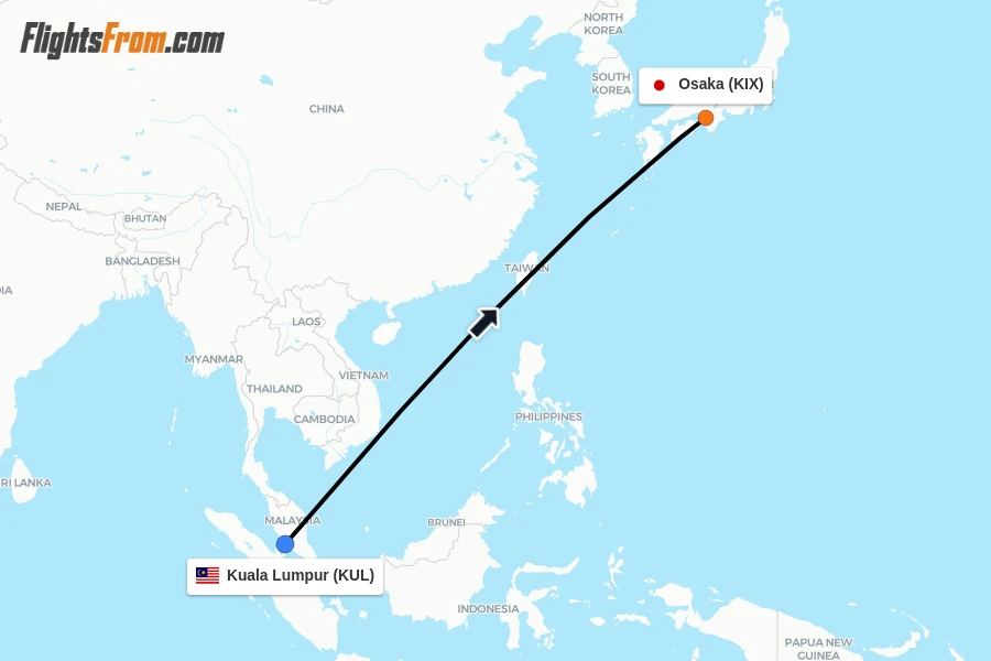 Flights from Kuala Lumpur to Osaka route map