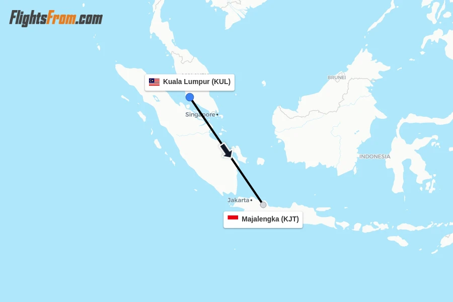 Flights from Kuala Lumpur to Majalengka route map