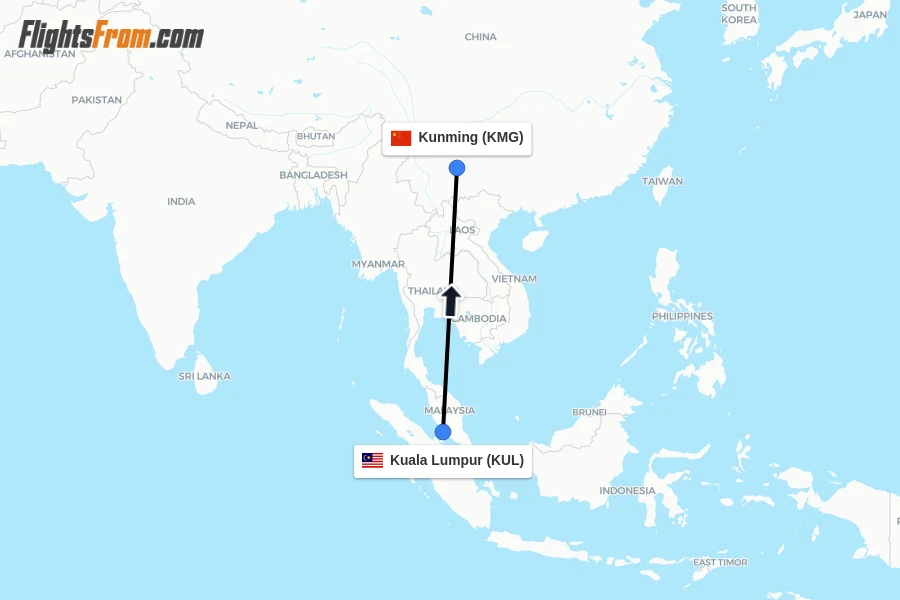 Flights from Kuala Lumpur to Kunming route map
