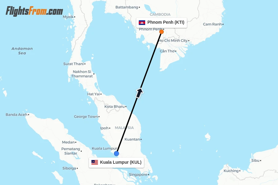 Flights from Kuala Lumpur to Phnom Penh route map
