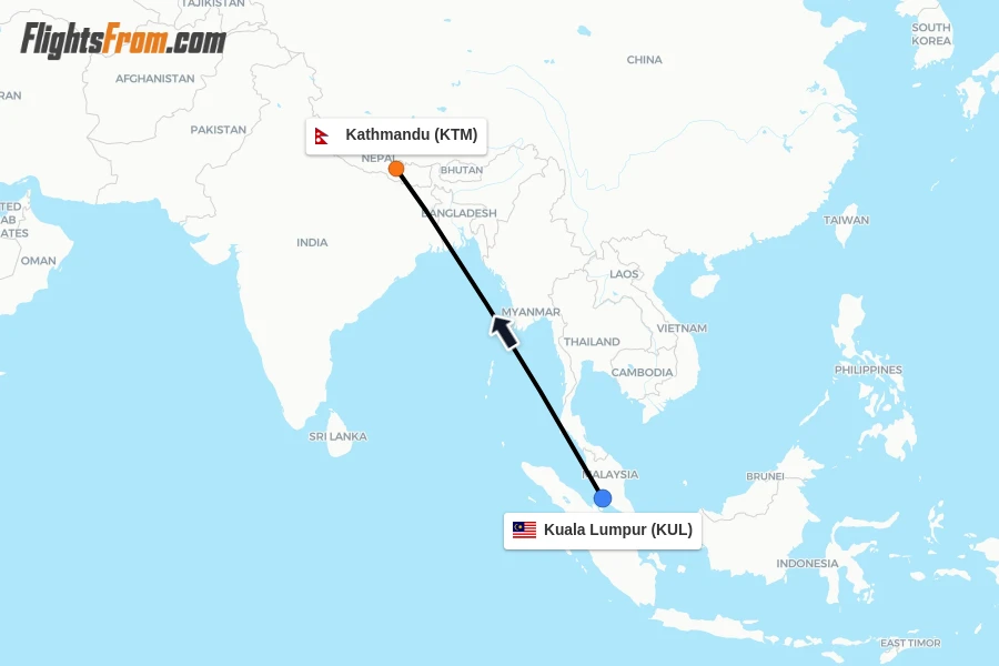 Flights from Kuala Lumpur to Kathmandu route map