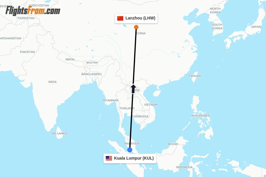 Flights from Kuala Lumpur to Lanzhou route map