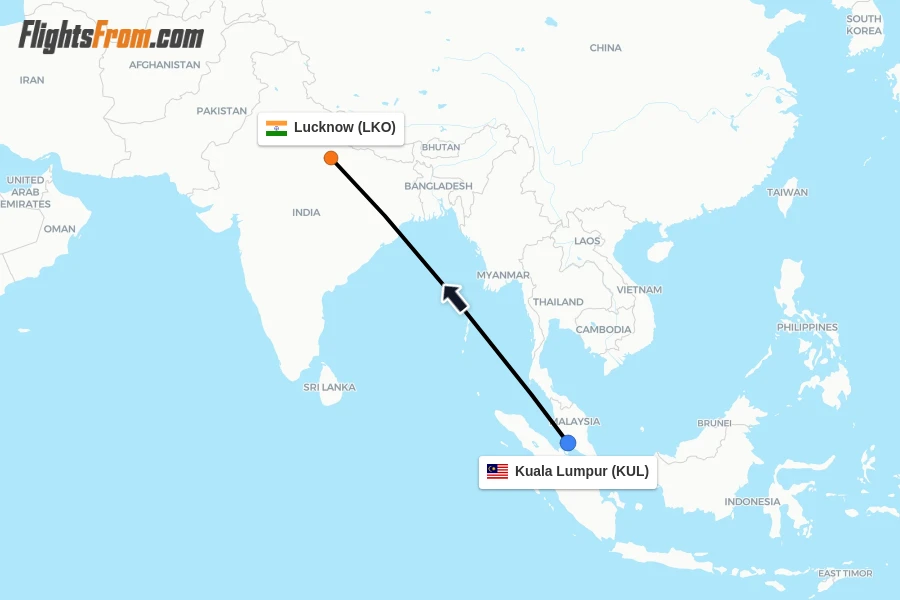 Flights from Kuala Lumpur to Lucknow route map