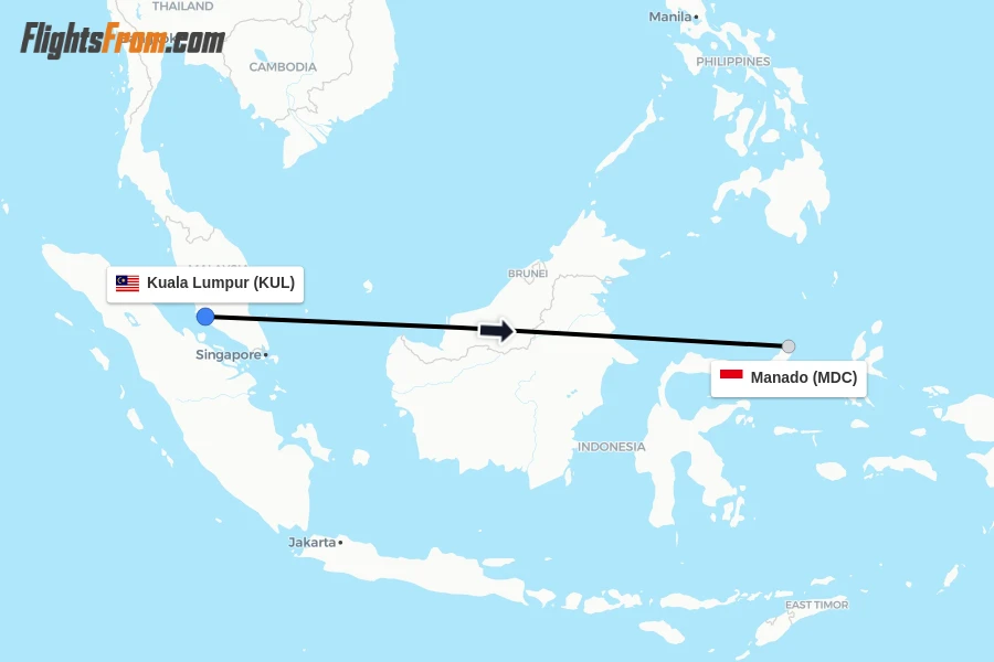Flights from Kuala Lumpur to Manado route map