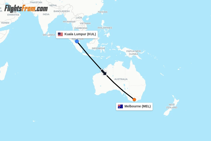 Flights from Kuala Lumpur to Melbourne route map