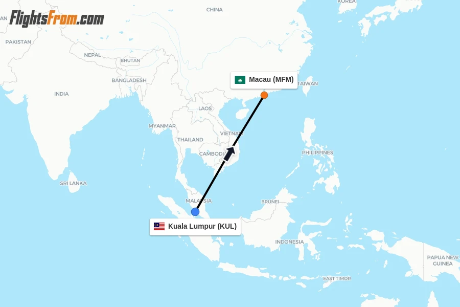 Flights from Kuala Lumpur to Macau route map