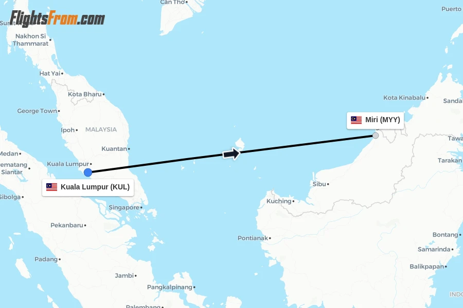 Flights from Kuala Lumpur to Miri route map