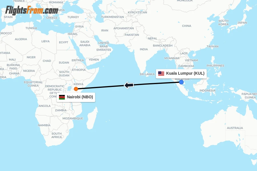 Flights from Kuala Lumpur to Nairobi route map
