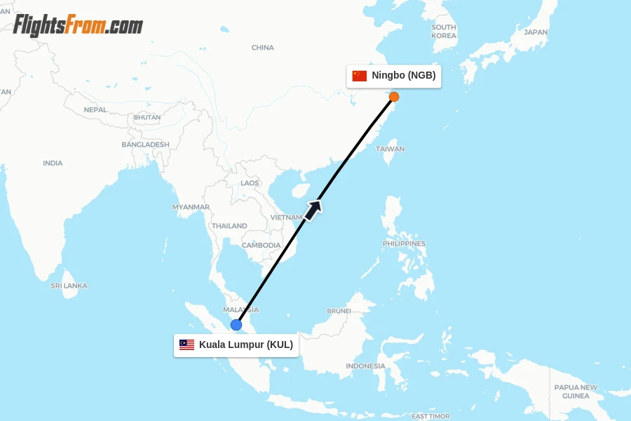 Flights from Kuala Lumpur to Ningbo route map