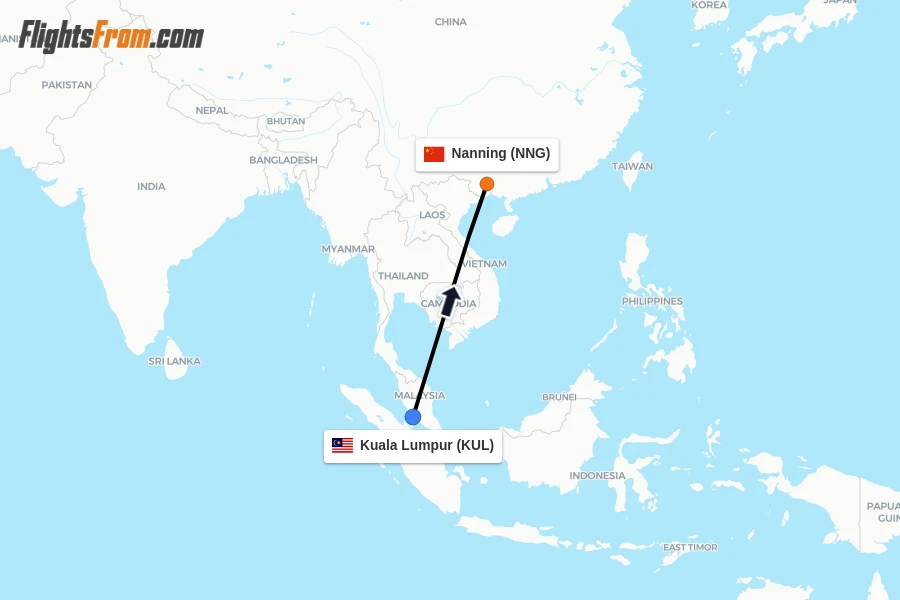 Flights from Kuala Lumpur to Nanning route map