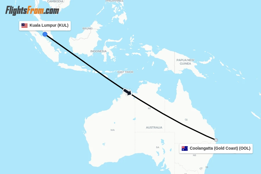 Flights from Kuala Lumpur to Coolangatta (Gold Coast) route map