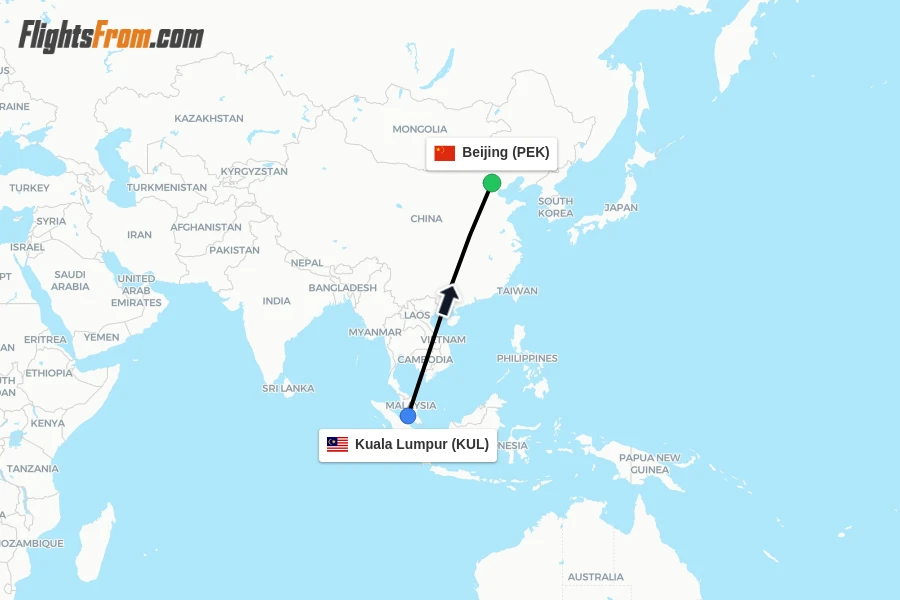 Flights from Kuala Lumpur to Beijing route map