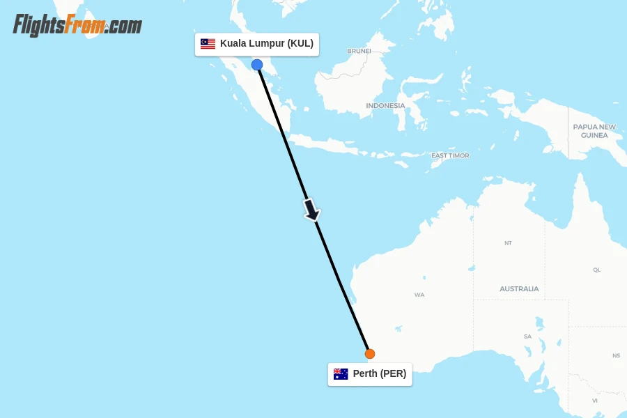 Flights from Kuala Lumpur to Perth route map