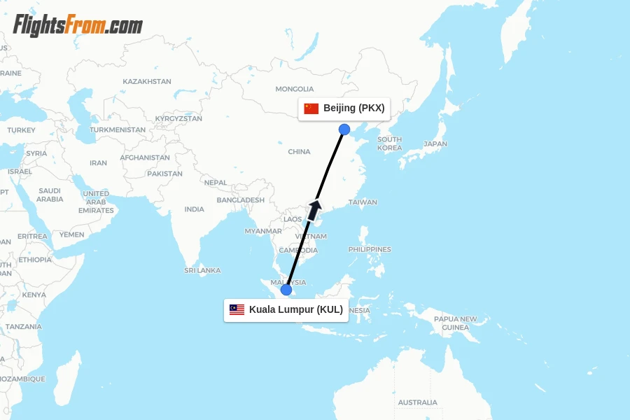 Flights from Kuala Lumpur to Beijing route map