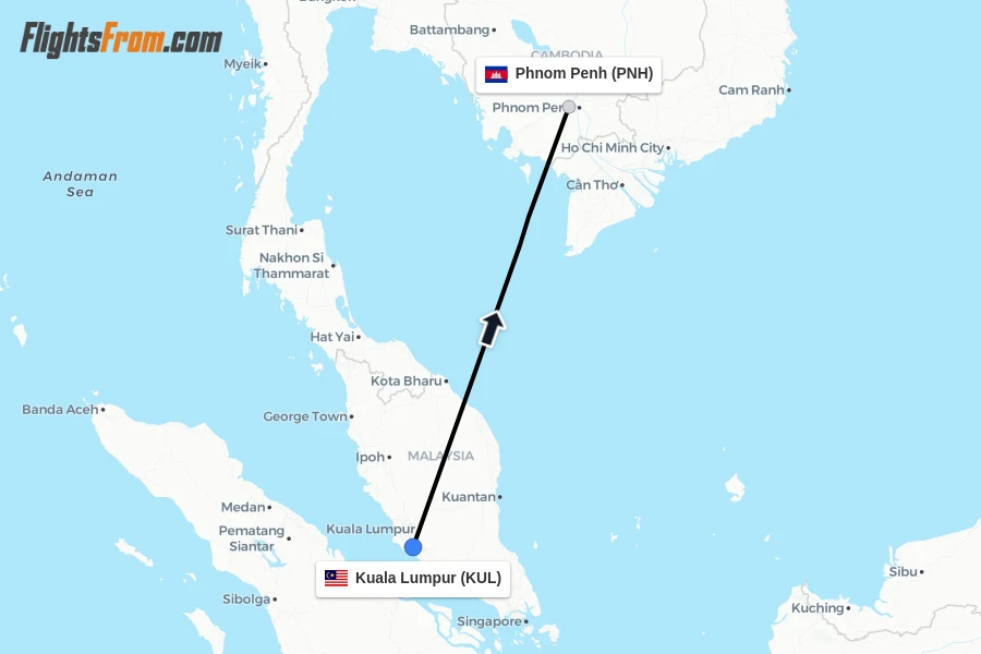 Flights from Kuala Lumpur to Phnom Penh route map