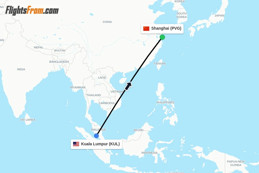 Flights from Kuala Lumpur to Shanghai route map