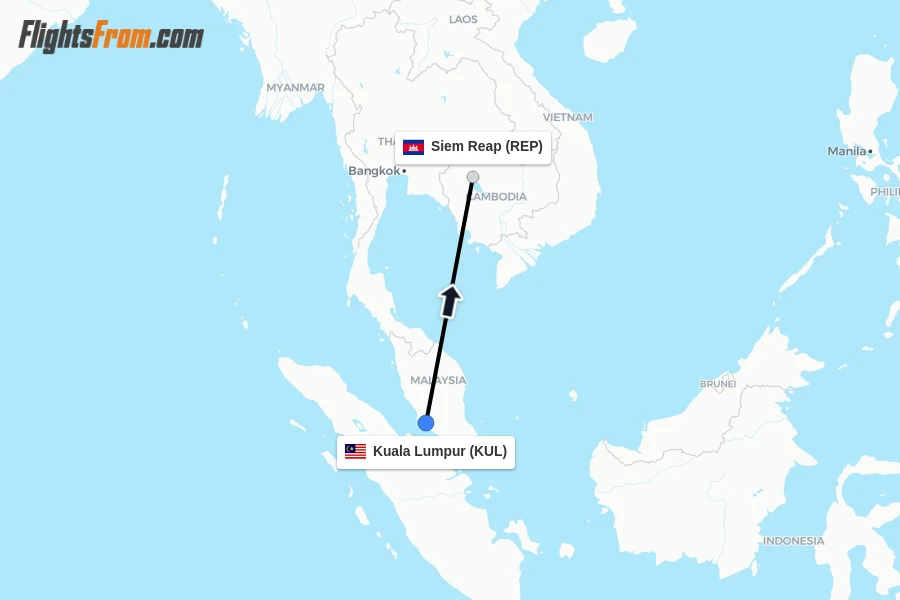 Flights from Kuala Lumpur to Siem Reap route map
