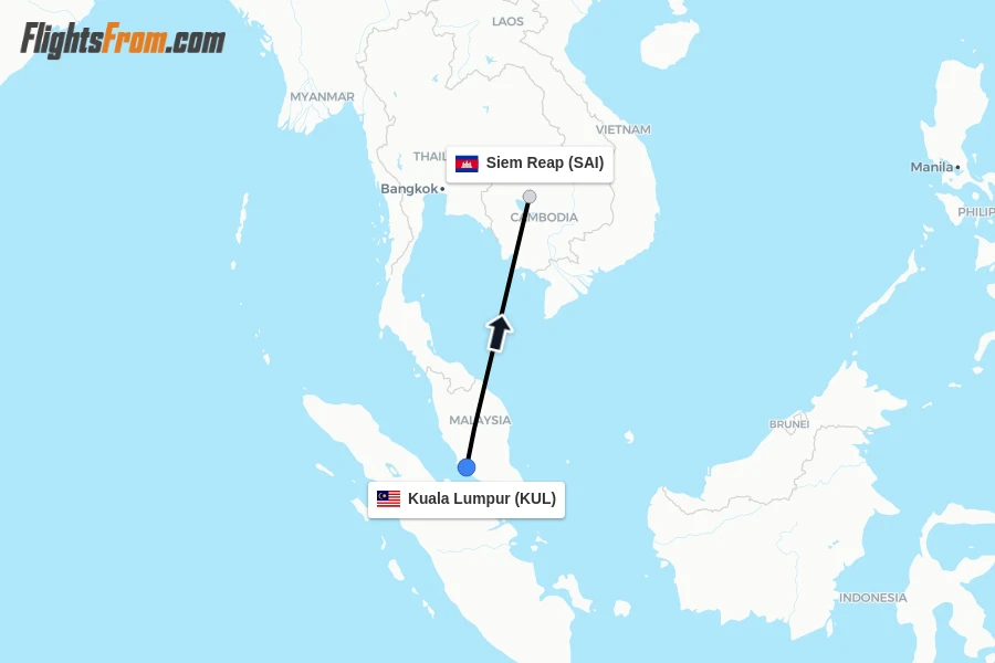 Flights from Kuala Lumpur to Siem Reap route map