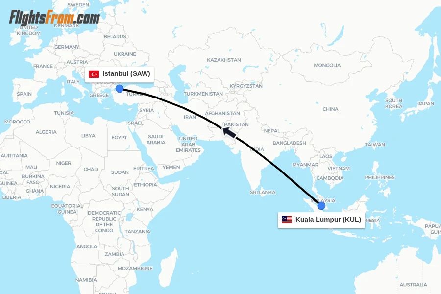 Flights from Kuala Lumpur to Istanbul route map