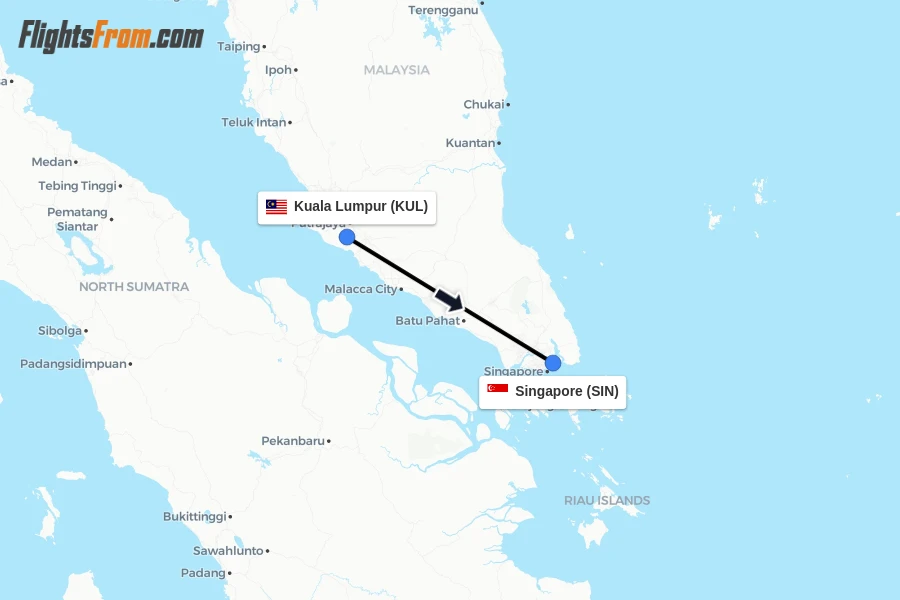 Flights from Kuala Lumpur to Singapore route map